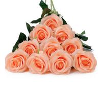 DuHouse 10pcs Fake Roses Artificial Silk Flowers Long Stems Bouquet for Arrangement Wedding Centerpiece Party Home Kitchen Decor(Peach Fuzz-a)