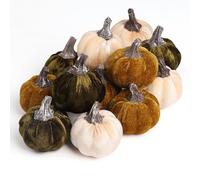 DuHouse 12PCS Velvet Pumpkins Set - Mini Artificial Fall Pumpkins for Halloween, Thanksgiving, Harvest Festival Table Decor(Green+White)