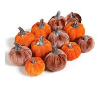 DuHouse 12PCS Velvet Pumpkins Set - Mini Artificial Fall Pumpkins for Halloween, Thanksgiving, Harvest Festival Table Decor(Orange+Brown)