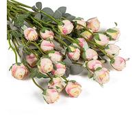DuHouse 24pcs Artificial Silk Roses with Long Stems - Vintage Style Fake Rose Flowers for DIY Bouquets, Wedding Centrepieces, Party or Home Decoration(Cream Pink)
