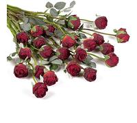 DuHouse 24pcs Artificial Silk Roses with Long Stems - Vintage Style Fake Rose Flowers for DIY Bouquets, Wedding Centrepieces, Party or Home Decoration(Vintage Red)