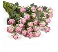 DuHouse 24pcs Artificial Silk Roses with Long Stems - Vintage Style Fake Rose Flowers for DIY Bouquets, Wedding Centrepieces, Party or Home Decoration(Purple)