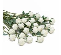 DuHouse 24pcs Artificial Vintage Roses Fake Mini Silk Rose Flowers with Long Stem for DIY Bouquets Wedding Centerpiece Party Home Kitchen Decoration(White)
