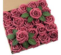 DuHouse 25Pcs Artificial Roses Flowers Fake Rose with Stems Real Touch Foam Flower Head for DIY Wedding Bridal Bouquet Baby Shower Centerpiece Floral Arrangement Party Home Decor(Burgundy)