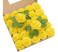 DuHouse 25Pcs Artificial Roses Flowers Fake Rose with Stems Real Touch Foam Flower Head for DIY Wedding Bridal Bouquet Baby Shower Centerpiece Floral Arrangement Party Home Decor(Yellow)