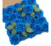 DuHouse 25Pcs Artificial Roses Flowers Fake Rose with Stems Real Touch Foam Flower Head for DIY Wedding Bridal Bouquet Baby Shower Centerpiece Floral Arrangement Party Home Decor(Royal Blue)
