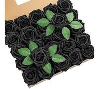DuHouse 25Pcs Artificial Roses Flowers Fake Rose with Stems Real Touch Foam Flower Head for DIY Wedding Bridal Bouquet Baby Shower Centerpiece Floral Arrangement Party Home Decor(Black)