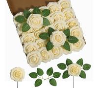 DuHouse 25Pcs Artificial Roses Flowers Fake Rose with Stems Real Touch Foam Flower Head for DIY Wedding Bridal Bouquet Baby Shower Centerpiece Floral Arrangement Party Home Decor(Light Champagne)