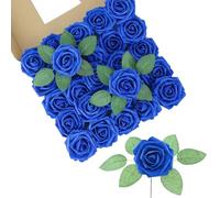 DuHouse 25Pcs Artificial Roses Flowers Fake Rose with Stems Real Touch Foam Flower Head for DIY Wedding Bridal Bouquet Baby Shower Centerpiece Floral Arrangement Party Home Decor(Royal Blue-A)