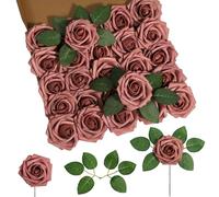 DuHouse 25pcs Artificial Roses Flowers Fake Rose with Stems Real Touch Foam Flowers for DIY Wedding Bouquet Baby Shower Centerpiece Floral Arrangement Party Home Decor (Dusty Pink)