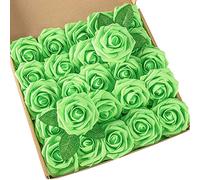 DuHouse 25Pcs Artificial Roses Flowers Fake Roses with Stems Real Touch Foam Flowers for DIY Wedding Bouquet Baby Shower Centerpiece Floral Arrangement Party Home Decor(Light Green) PEMG-001