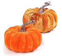 DuHouse 2PCS Velvet Pumpkins Set - Artificial Fall Pumpkins for Halloween, Thanksgiving, Harvest Festival Table Decor(Orange&Gold)