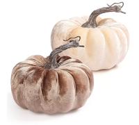 DuHouse 2PCS Velvet Pumpkins Set - Artificial Fall Pumpkins for Halloween, Thanksgiving, Harvest Festival Table Decor(Brown&Beige)