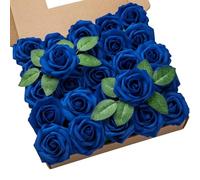 DuHouse 50Pcs Artificial Roses Flowers Fake Roses with Stems Real Touch Foam Flowers for DIY Wedding Bouquet Centerpiece Floral Arrangement Party Home Decor (Royal Blue-A)