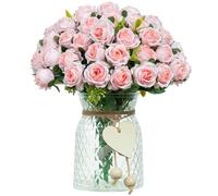 DuHouse 6 Pack Mini Rose Heads Artificial Flowers Bouquet Silk Roses Flowers Bunches Bulk for Wedding Home Garden Parties Decor(Pink)
