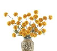 DuHouse 6pcs Artificial Pompon Mum Flowers with Stems, Yellow | Faux Silk Mini Chrysanthemum Ball, 52cm Long Stem, Fake Flowers for Home Table Centrepiece Wedding DIY Floral Arrangement