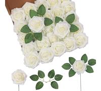 DuHouse Artificial Roses 25Pcs Fake Foam Rose Flowers Weeding(Cream)