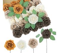 DuHouse Artificial Roses 25Pcs Fake Foam Rose Flowers Weeding(Ivory Beige)