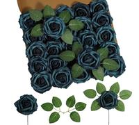 DuHouse Artificial Roses 25Pcs Fake Foam Rose Flowers Weeding(Peacock Blue)