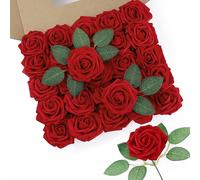DuHouse Artificial Roses 50Pcs Fake Foam Rose Flowers Weeding(Dark Red)