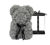 DuHouse Rose Bear Rose Teddy Bear Flower Gift Black Box for Valentines Gifts Anniversary Christmas,Birthdays Bridal Showers -Fully Handmade 10 inch Flower Bear Clear Gift Box (Grey)