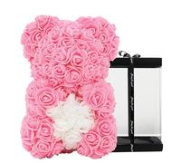 DuHouse Rose Bear Rose Teddy Bear Flower Gift Black Box for Valentines Gifts Anniversary Christmas, Birthdays Bridal Showers - Fully Handmade 10 inch Flower Bear Clear Gift Box (Pink-White Heart)