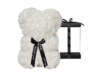 DuHouse Rose Bear Rose Teddy Bear Flower Gift Black Box for Valentines Gifts Anniversary Christmas,Birthdays Bridal Showers -Fully Handmade 10 inch Flower Bear Clear Gift Box (White)
