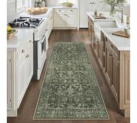 DUIDY 3x7 Green Runner Rug Hallway Washable Area Rugs Kitchen Vintage Boho Non Slip Long Rug Floral Carpet Indoor Retro Soft Low Pile Throw Rug for Bedroom Bathroom Laundry Dining Living Room Office