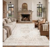 DUIDY Washable 8x10 Dorm Area Rug Soft Medallion Neutral Beige Large Carpet | Non-Slip,Low-Pile,Foldable,Stain Resistant,Distressed Floor Rug,Throw Rug,for Living Room,Bedroom,Dining Room,Farmhouse Decor