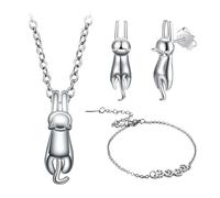 DUINIU 1 Set of Cat Jewelry, Including Cat Pendant, Cat Paw Bracelet and Cat Earrings, Women's Necklace Pendant, Cute Cat Pendant, Suitable for Prom, Commuting, Party (Silver)