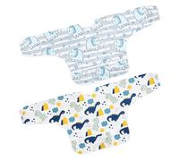 DUINIU 2 pieces feeding bibs, adjustable baby set, waterproof and anti-fouling bibs with sleeves, personalized creative accessories, suitable for 0-3 years old (Dinosaurs, Elephants)