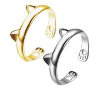 DUINIU 2 Pieces Of Cat Rings, Open Adjustable Rings, Cute Cat Paw Print Rings, Cat Paw Ear Rings, Creative Rings, Gifts For Girls (Gold, Silver)