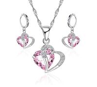 DUINIU 3-Piece Jewelry Set, Heart-Shaped Pink Crystal Earrings & Necklace, Perfect for Daily Wear, Parties & Dates