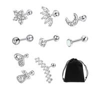 DUINIU 9 Pieces Silver Diamond Cartilage Earrings, 1 Piece Flannel Bag, Spiral Pierced Jewelry, Flat Back Earrings for Women, Suitable for Ear Lips (6mm)