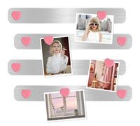 DUJEQM Magnetic Board Strips - 4Pcs Stainless Iron Magnetic Strips with Adhesive Backing & 10 Pink Heart Magnets, Frameless Small Bulletin Board for Wall, DIY Memo Board for Home Kitchen School Office