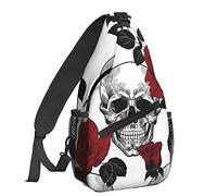 Dujiea Crossbody Backpack For Men Women Sling Bag, Chest Bag Shoulder Bag One Strap Backpack Travel Hiking Daypack, Skull and Red Roses, One Size