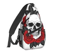 Dujiea Crossbody Backpack For Men Women Sling Bag, Chest Bag Shoulder Bag One Strap Backpack Travel Hiking Daypack, Skull and Red Roses, One Size