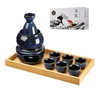 DUJUST 10 pcs Japanese Sake Set for 6, Kiln Altered Glaze Porcelain Sake Set, 6 Sake Cups, 1 Sake Bottle, 1 Warmer, 1 Candle Stove, 1 Tray & 1 Box, Warm Sake Carafe, Special Japanese Gift Set-Darkblue
