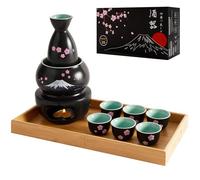 DUJUST 10 pcs Japanese Sake Set with Warmer for 6, Sakura & Fuji Design Porcelain Sake Set, 6 Sake Cups, 1 Bottle, 1 Warmer, 1 Candle Stove, 1 Tray & 1 Box, Warm Sake Carafe, Japanese Gifts - Black