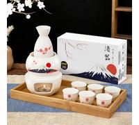 DUJUST 10 pcs Japanese Sake Set with Warmer for 6, Sakura & Fuji Design Porcelain Sake Set, 6 Sake Cups, 1 Bottle, 1 Warmer, 1 Candle Stove, 1 Tray & 1 Box, Warm Sake Carafe, Japanese Gifts - White