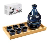 DUJUST 11 pcs Japanese Sake Set for 6, Kiln Altered Glaze Porcelain Sake Set, 6 Cups, 1 Bottle, 1 Warmer, 1 Candle Stove, 1 Tray & 1 Box, Warm Carafe, Special Japanese Gift Set-DarkBlue