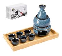 DUJUST 11 pcs Japanese Sake Set for 6, Kiln Altered Glaze Porcelain Sake Set, 6 Cups, 1 Bottle, 1 Warmer, 1 Candle Stove, 1 Tray & 1 Box, Warm Carafe, Special Japanese Gifts Set - Blue