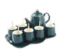 DUJUST 14 pc Modern Diamond Design Tea/Coffee Set with Golden Trim, Porcelain Living Room Decor, Fine-China Teapot/Tea Party Set, Gift Package - Green