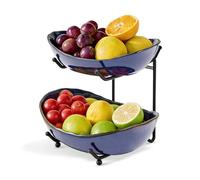 DUJUST 2 Tier Fruit Bowl, Kiln Altered Glaze Ceramic Fruit Stand, Stackable & Easy to Store, Multifunctional Serving Tray for Fruit/Vegetables/Snacks, Microwave & Dishwasher Safe - Dark Blue