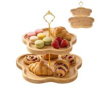 DUJUST 2 Tier Wooden Cupcake Stand, Elegant Flower-Shaped Design, Food Grade Bamboo Cake stand for Cupcake, Desserts, Tea Party, Rustic Wooden Display Stand, Easy to Install & Clean