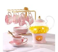 DUJUST 21 pcs Small Tea Set of 6, Pink Marble Set, Handcraft Golden Trim, Porcelain Tea Pot Set for Kids&Adults, 1 Glass Teapot(22oz), 6 Cups(4oz), 6 Saucers, 6 Spoons, 1 Shelf&1 Warmer