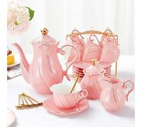 DUJUST 22 pcs Porcelain Tea Set for 6, Luxury British Style Tea/Coffee Cup Set with Golden Trim, Beautiful Tea Set for Women, Tea Party Set, Gift Package (with a Stand) - Pink