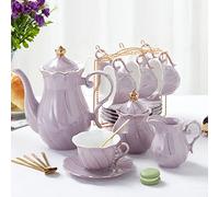 DUJUST 22 pcs Porcelain Tea Set for 6, Luxury British Style Tea/Coffee Cup Set with Golden Trim, Beautiful Tea Set for Women, Tea Party Set, Gift Package (with a Stand) - Purple