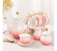 DUJUST 22 pcs Porcelain Tea Set for 6, Luxury British Style Tea/Coffee Cup Set with Golden Trim, Beautiful Tea Set for Women, Tea Party Set, Gift Package (with a Stand) - Gradient Pink