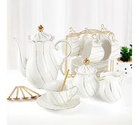 DUJUST 22 pcs White Porcelain Tea Set for 6, Luxury British Style Tea/Coffee Cup Set with Golden Trim, Beautiful Tea Set for Women, Tea Party Set, Gift Package (Including a Stand) - White